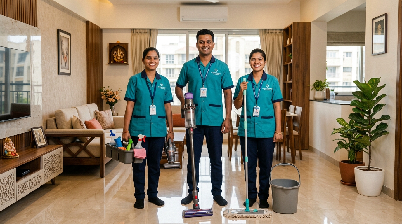 Professional cleaning team and equipment